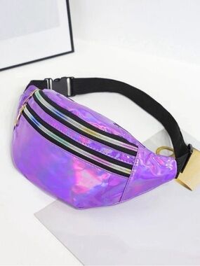 Iridescent Purple Holographic Waist Bag - Stylish Hands-Free Fanny Pack